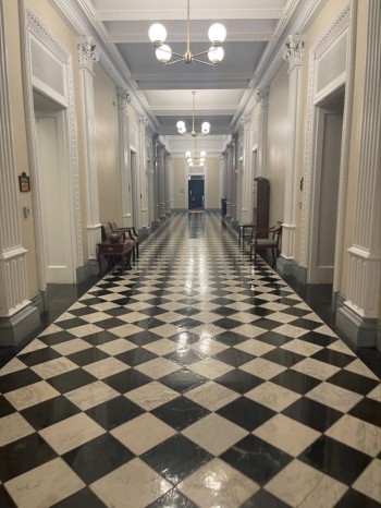 hallway with checkered floor